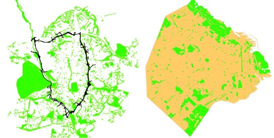 Public green spaces as defined in urban planning documents in Madrid (left, M30 in black) and Buenos Aires (right)