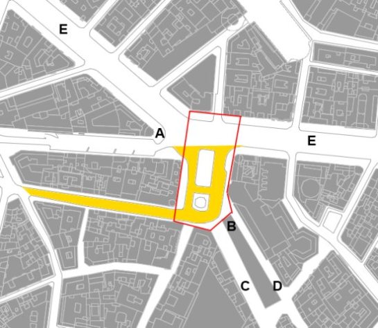 Callao Square and the adjacent Gran Via area measure a bit less than 5.000 sq m (over an acre, less than an hectare).