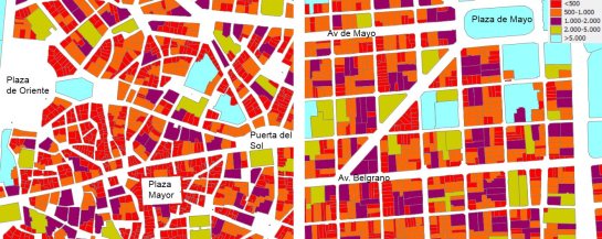 Surface in sq m of the parcels in the historical core of Madrid (left) and in the San Telmo area in Buenos Aires