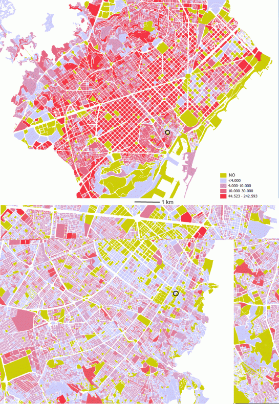 Floor area (sq m) for residential use in Barcelona and Bogotá, by city block. NO means there are no registered housing surfaces on the block