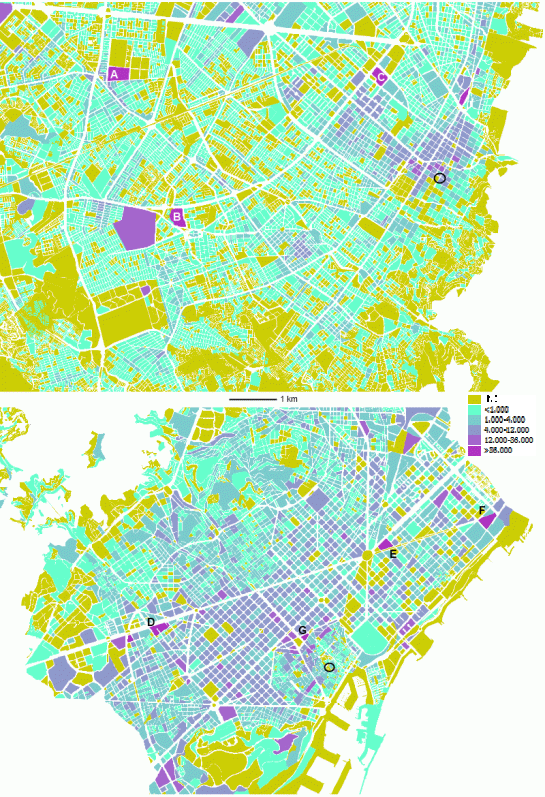 Commercial floor surface (in sq m) by block. NO means a lack of commercial surface in the block