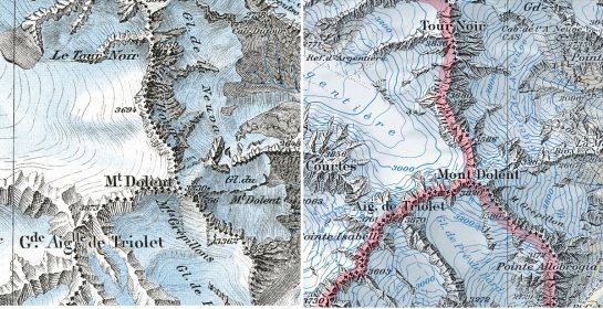 Mont Dolent, the triple border point between Switzerland, Italy and France, in 1938 (left) and today. Glaciers seem to be going...