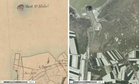 Mont-Saint-Michel during the middle XIXth century and today. Both images are  taken from geoportail.fr