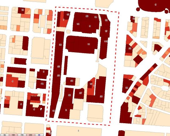 Gradient of office floor area and, for some lots, number of cadastral spaces registered as offices, by lot