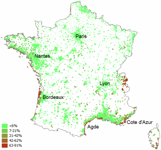 Seasonal housing ratio in French communeswith population over 2.000 in 2009