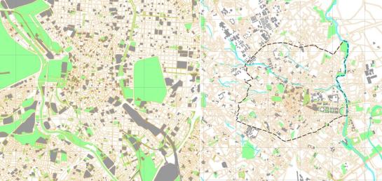 Same scale (1 km grid) maps of central Madrid and central Montpellier (Grand Coeur)