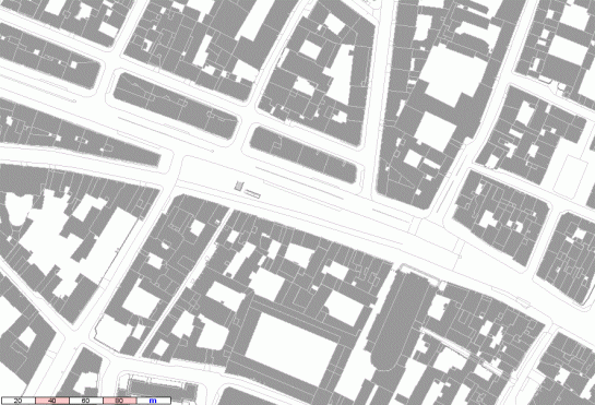 The rue de Rivoli in its initial point: the widening of St Antoine at St Paul. There is a change in the fabric pattern, as you go from a medieval one (right) to a more recent one. St Paul is on average some 36 m wide, while Rivoli here has some 24 m