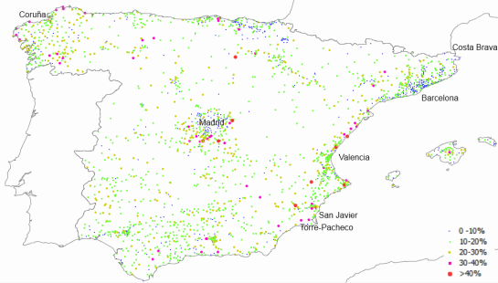 Percentage of vacant housing units over the whole residential stock in Spanish municipalities with population over 2.000 (2011)