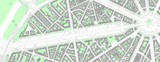 1, 3 km long, 140 m wide: can to much width kill the street?. Green indicates private owned non built spaces