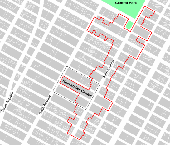 Fifth avenue BID: 1,2 km of central street. The red outline is that of the BID.