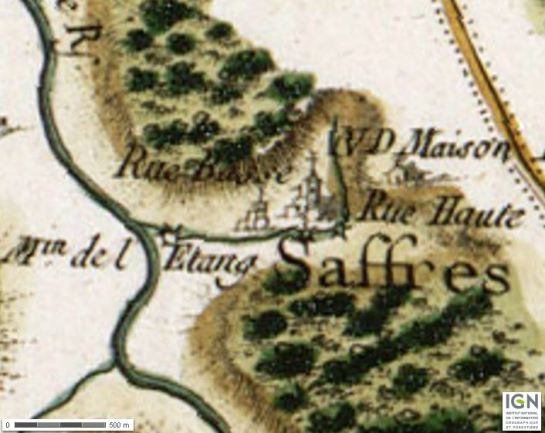 Saffres on the Carte de Cassini (XVIIIth century). Altough no accurate rendering of elevations was at hand, the map is quite expressive of the hills