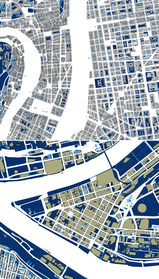 Building footprints on the urban cores of Lyon and Pittsburgh