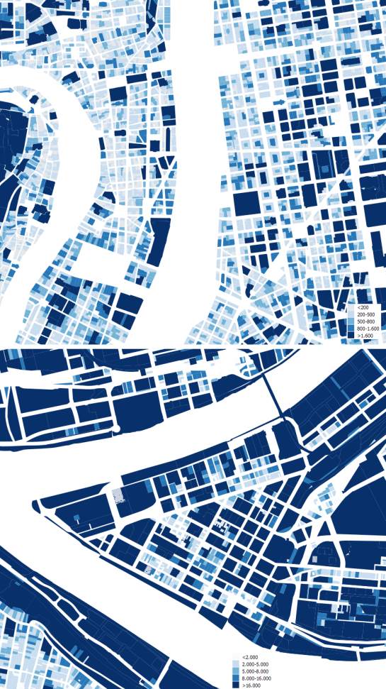 Urban core maps of Lyon and Pittsburgh at the same scale. Lot area in sq m for Lyon and sq ft for Pittsburgh (I'am perfectly aware that 10 sq ft are not a sq m, but it is close enough to guide you all, brave subjects of the imperial system... and also us, metrics, with significatly similar magnitudes)