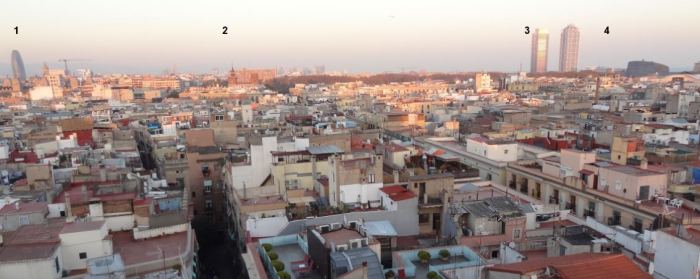 A view from Hotel H10 in Via Laietana. 1 Agbar tower, in Plaza de las Glorias, 2 Ciutadella Park starts, 3 towers at the Olympic harbor, 4 Ciutadella park ends