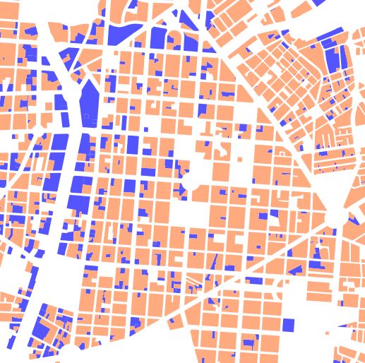Main uses by lot: economic activity (blue) and housing (orange)