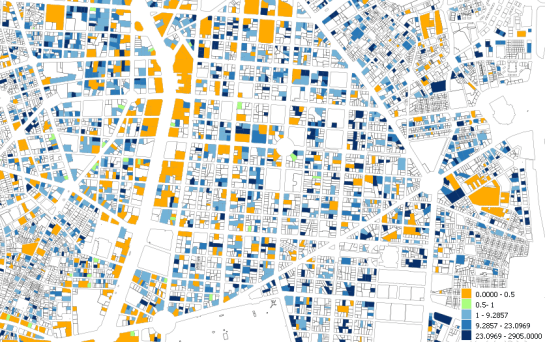 Housing area- office area ratio for the lots in the Barrio de Salamanca and the surrounding areas