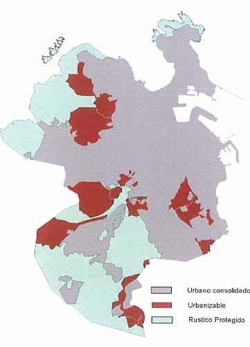 The new General Plan of La Coruña. Urban extension land is red. The new harbor is on a different municipality.