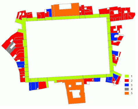 Ground floor. 1: arcades, 2: shops, 3: restaurants and cafes, 4: storage, 5: public offices