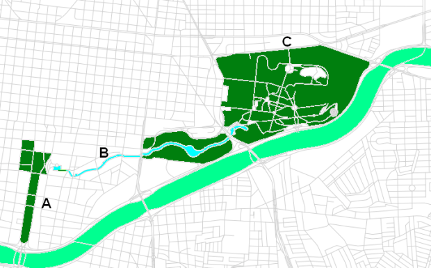 A- Macroplaza (Government center, arts and history Museums), B- Canal de Santa Lucía, C- Parque Fundidora