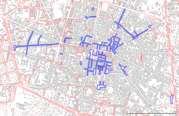Central Bologna, using municipal open data. Red lines: sidewalks. Blue areas: pedestrian- only streets.