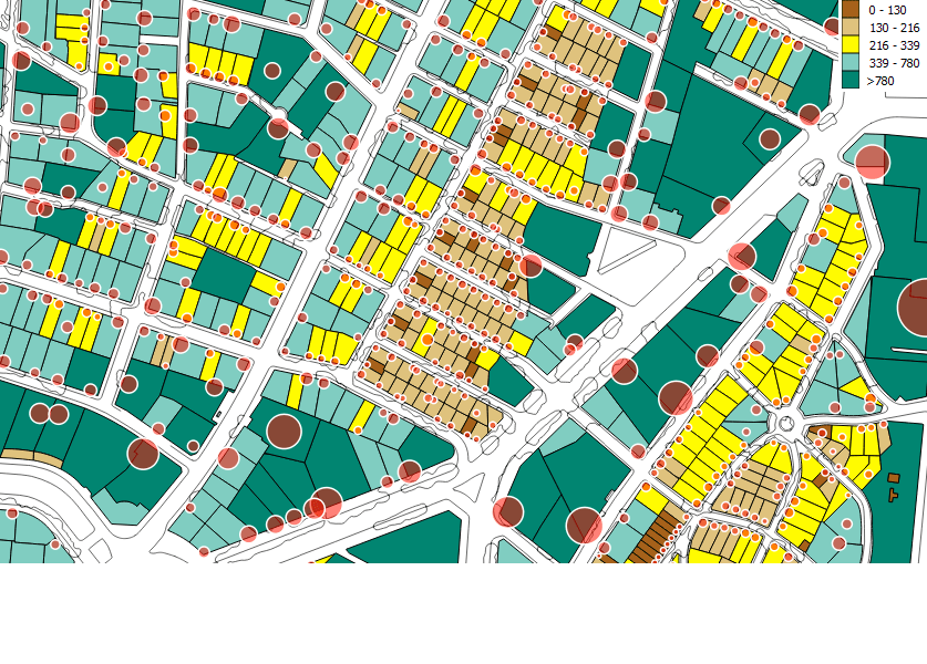 El Viso. Lot area (in sq m). Red circles are proportional to the residential floor area for each lot